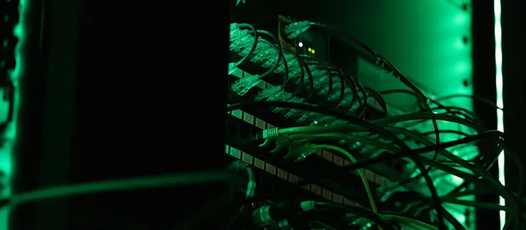 Un bastidor de servidores en penumbra, con sus luces de actividad.